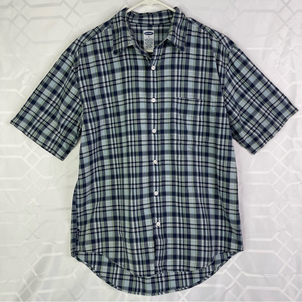 Old Navy Men’s Blue & Green Plaid Short Sleeve Button Down Shirt Medium